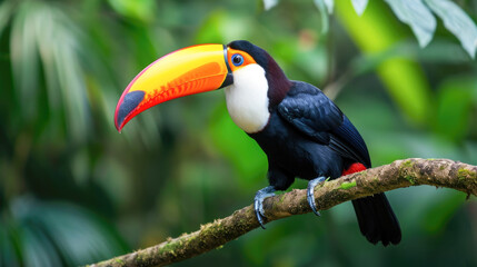 Obraz premium Toucan on a Branch - Exotic Bird in Lush Rainforest Setting