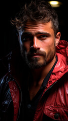 Obraz premium Portrait of a handsome man in a red jacket on a black background