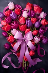 multi-colored tulips in a bouquet with heart congratulations on Valentine's Day