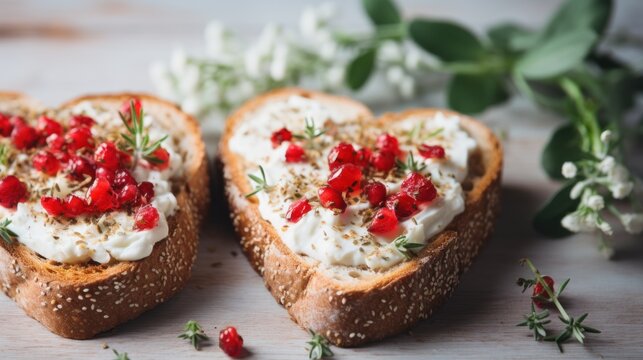  a close up of two pieces of bread with cream cheese and red berries on top of it and a sprig of flowers in the background.