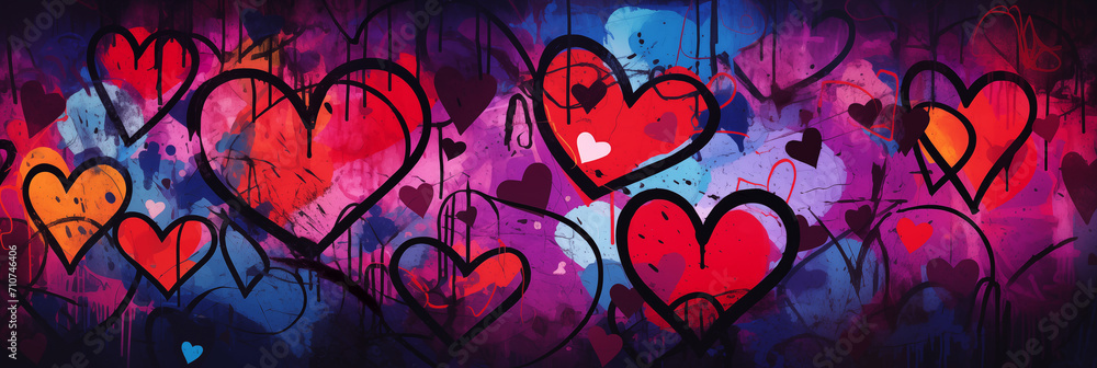 Wall mural abstract colorful wall scribble hearts pattern background banner, street art graffiti texture. panor