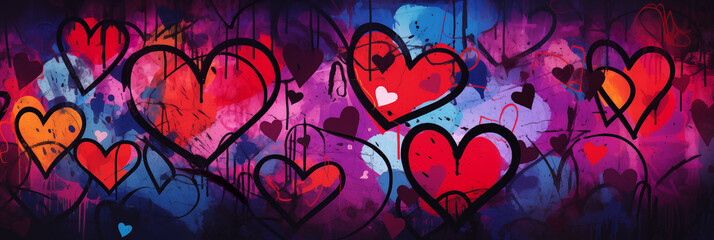 Abstract colorful wall scribble hearts pattern background banner, street art graffiti texture. Panoramic web header with copy space. Wide screen wallpaper - obrazy, fototapety, plakaty