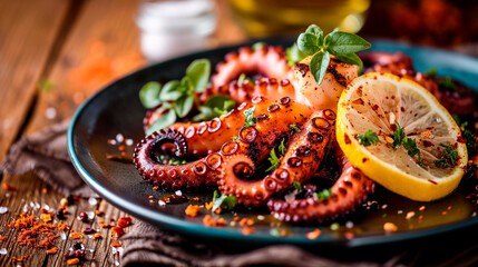 Fried octopus tentacles on a plate. Selective focus.