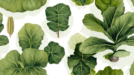  a close up of a bunch of green leaves on a white background with a plant in the middle of the picture.