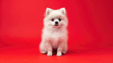 Vibrant Solitude: Fluffy Pomeranian on Red Background
