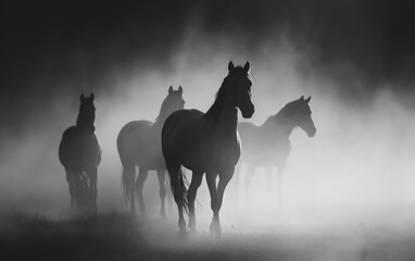 Mystic Silhouettes: Horses Shrouded in Mist