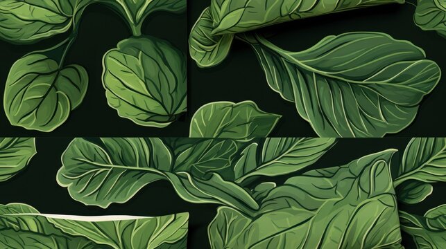  a close up of a green leafy plant on a black background with multiple images of the same leafy plant.