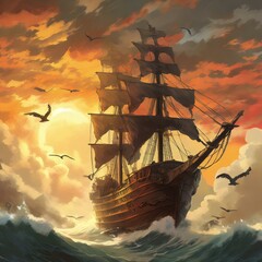 Nave pirata che vola sfiorando il mare al tramonto
