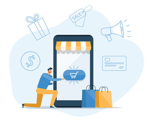 flat business online shopping and online payment concept. smartphone application technology. vector illustration cartoon character design.