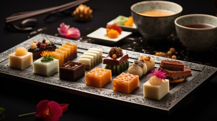  a tray of assorted desserts on a table with a cup of tea and utensils in the background.