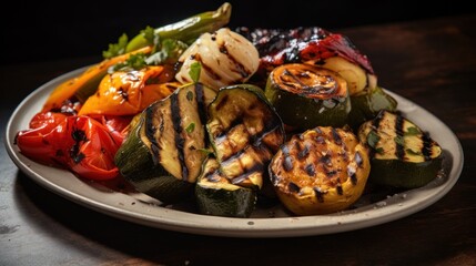  a white plate topped with grilled vegetables on top of a wooden table next to a bottle of ketchup.