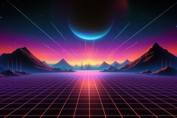 80s Retro Sci-Fi Background Futuristic Grid landscape. Digital cyber surface style of the 1980`s