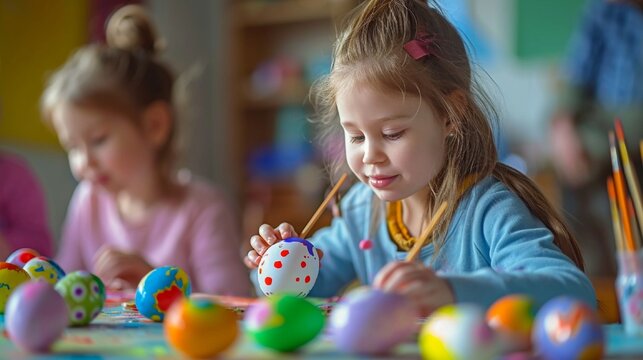 Kids participating in an Easter egg painting activity, using brushes and vibrant paints to create beautifully decorated eggs,
