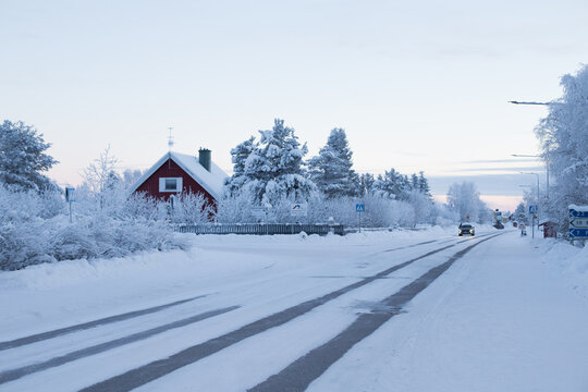 Snowy street in Jukkasj&auml;rvi, Swedish Lappland, Arctic Cercle