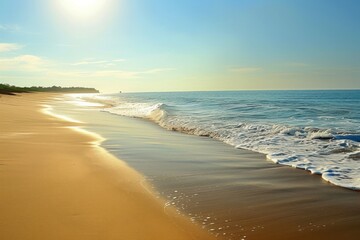 A pristine beach bathed in golden sunlight, inviting relaxation and tranquility