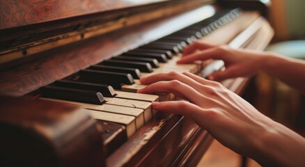 Fototapeta premium someone is holding the keys on an old piano
