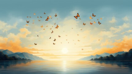  a painting of a sunset with a lot of butterflies flying in the sky over a body of water with mountains in the background. - obrazy, fototapety, plakaty