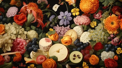  a close up of a bunch of flowers and fruit on a table with a knife and fork in front of it. - obrazy, fototapety, plakaty