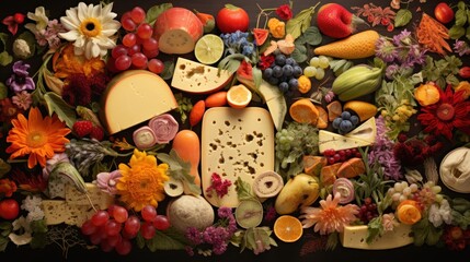  a bunch of different types of fruits and vegetables on a black surface with flowers and fruit in the middle of the image.