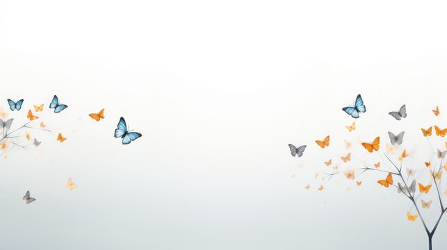  a group of butterflies flying in the sky above a tree with orange and white flowers in the foreground and a light blue sky in the background.