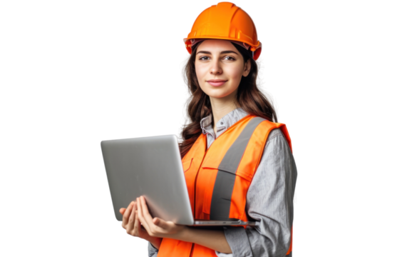 Engineer woman holding laptop on a Transparent background