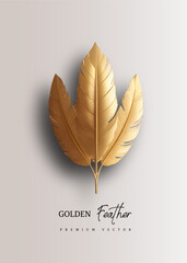 Gold feather vector illustration. Beautiful graceful golden bird feather, decoration for cards or design elemnt