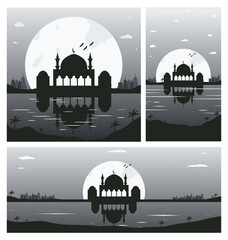 Collection of Mosque Silhouette Backgrounds with Urban Buildings and Full Moon in the Background
