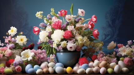  a blue vase filled with lots of flowers next to a bunch of eggs and a bunch of flowers on a table.