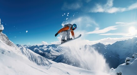 Naklejka na ściany i meble snowboarder skateboarding on the slopes at the mountains