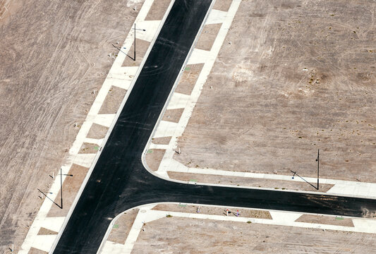 Aerial view of newly paved roads of a residential housing estate, Australia.