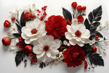 Beautiful assortment of flowers on a light background with space for text. Frame of flowers, buds and branches. Flat lay, top view. Generative AI.