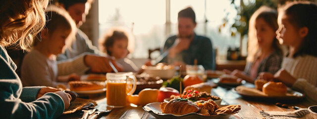 the family eats at the table. Selective focus. - obrazy, fototapety, plakaty