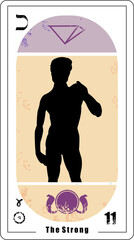 Egyptian tarot card number eleven, called The Force. Silhouette of David by Michelangelo on light orange background.