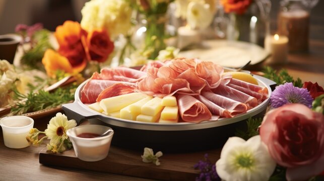  a platter of meats and cheeses on a table with flowers and candles on the side of the table.