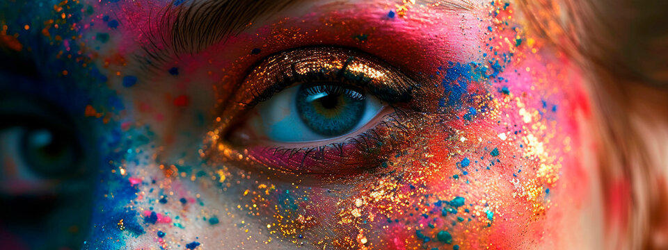 woman stained with makeup shadows. Selective focus.