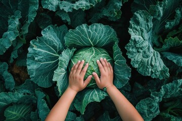 two hands reach up to a huge cabbage - obrazy, fototapety, plakaty