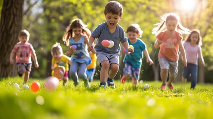 Kids enjoying an Easter egg hunt in a picturesque park, the high-definition camera capturing their delighted expressions as they discover hidden eggs beneath bushes and trees - obrazy, fototapety, plakaty