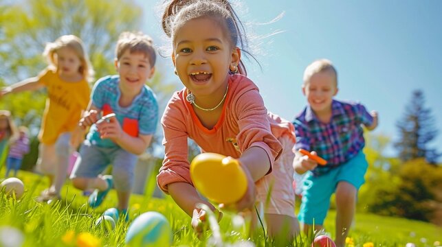 Kids enjoying an Easter egg hunt in a picturesque park, the high-definition camera capturing their delighted expressions as they discover hidden eggs beneath bushes and trees