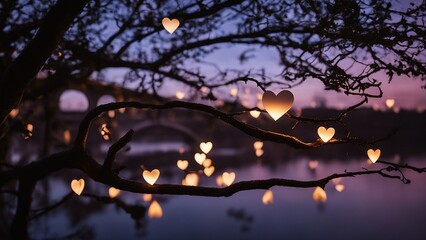 night in the forest A paper heart glowing on a tree branch in the twilight. The heart is a message from someone far away  