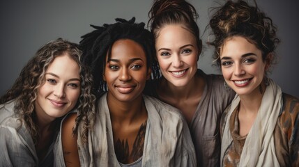 Obraz premium portrait of diverse happy women with vitiligo on gray background.