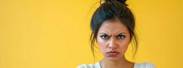 East Indian Female Angry Yellow Background Good Looking Person Generative AI - obrazy, fototapety, plakaty