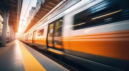 Fototapeta na wymiar motion blurry view of a train moving along rails near a city