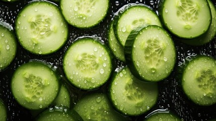  a bunch of cucumbers that have been sliced into small pieces with drops of water on top of them. - obrazy, fototapety, plakaty