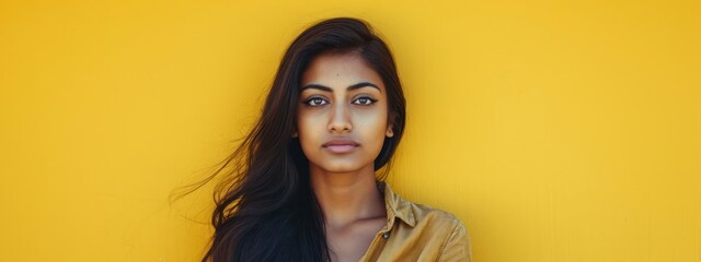 East Indian Female Disgusted Yellow Background Beautiful Person Generative AI - obrazy, fototapety, plakaty