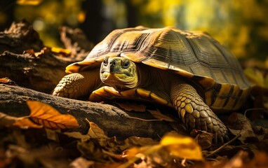 Naklejka premium Serene Portrait of a Resting Tortoise Amidst Autumn Leaves