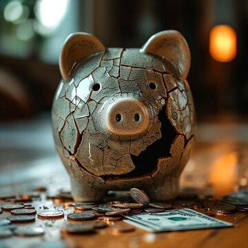 Broken Piggy Bank, Capturing the essence of financial misfortune, this image features a shattered piggy bank, symbolizing wasted or mismanaged savings and investments with money spilling out.