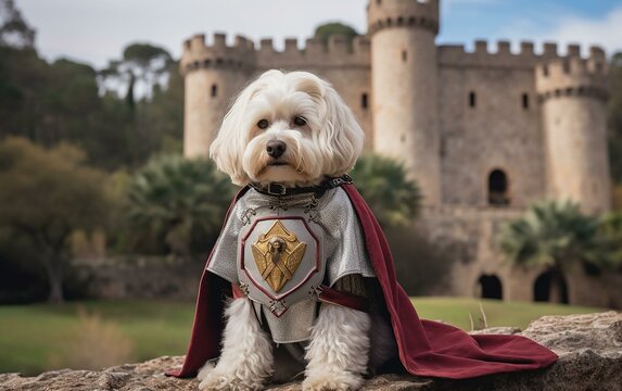 Regal Canine in Knight's Armor with Castle Backdrop