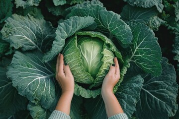 two hands reach up to a huge cabbage - obrazy, fototapety, plakaty