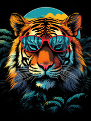 T-shirt design, (tiger) wearing sunglasses, in the style of art academia created with Generative Ai