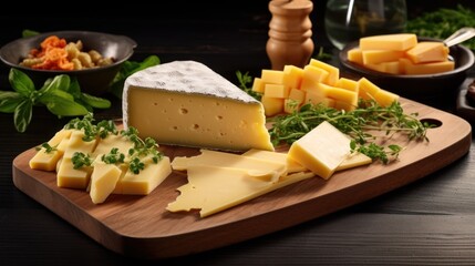  a wooden cutting board topped with cheese next to a bowl of vegetables and a glass of wine on a table.